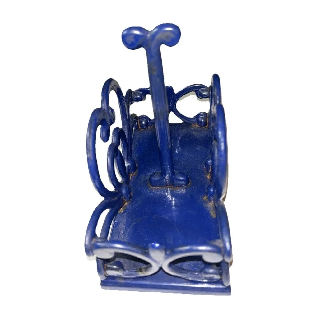 Cast Iron Enamel Napkin S&P Holder Cobalt Blue Scroll Country Farmhouse Cottage